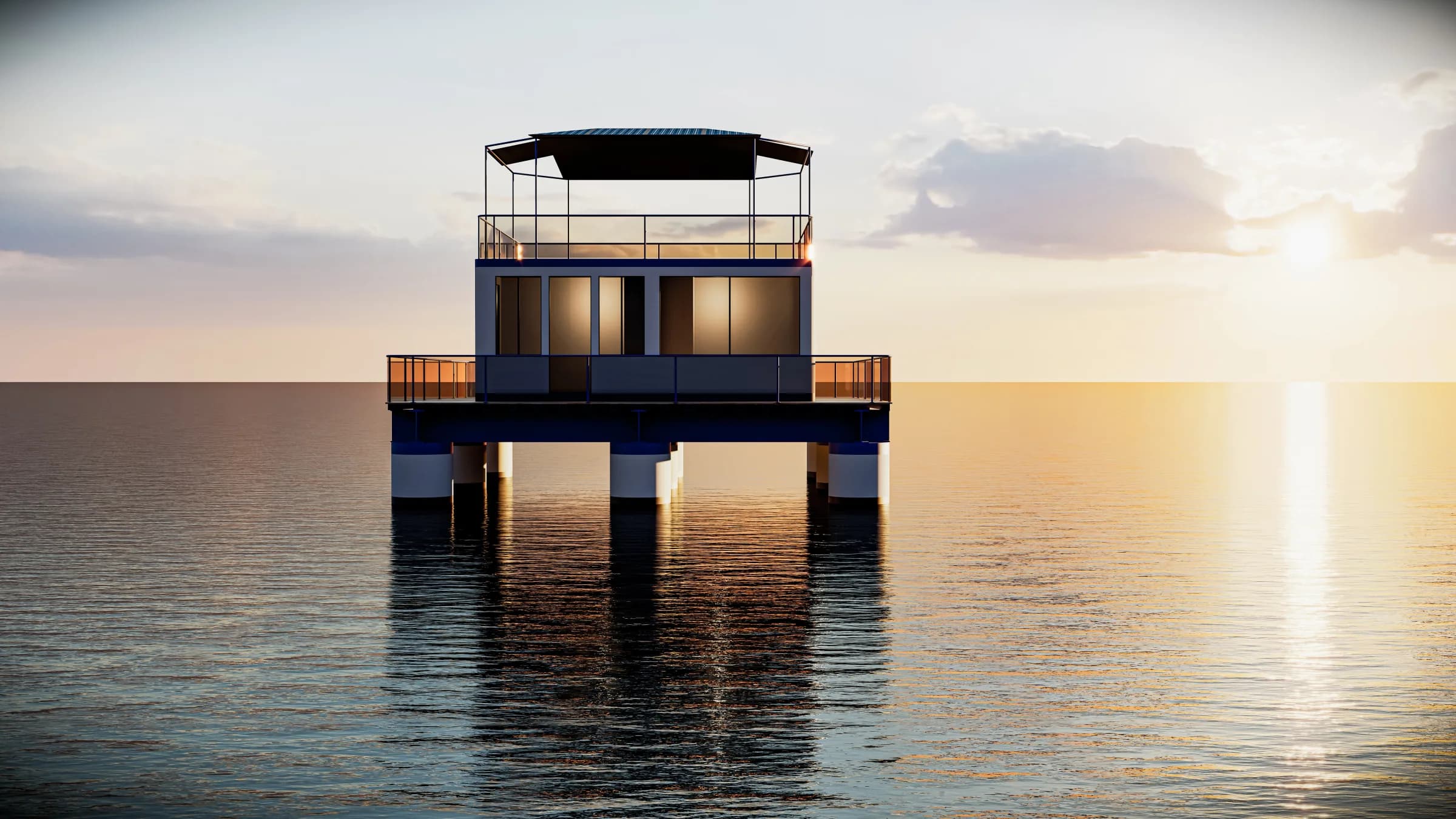 An ArkPad-D floating home seen head-on at sunset, its two decks silhouetted against a low sun with the light reflecting across still open water