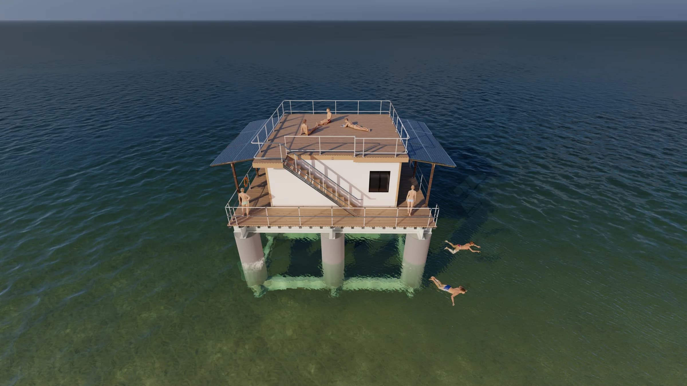 A wider aerial view of an ArkPad-D on a turquoise reef flat, with solar panels flanking the roof deck and swimmers in the water below
